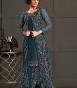 Teal net embroidered sequin work suit with shrug