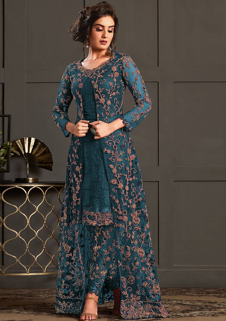 Teal net embroidered sequin work suit with shrug