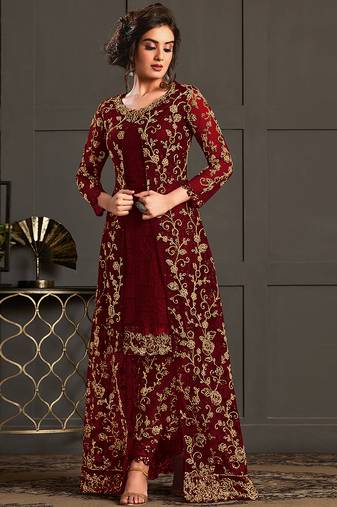 Red net embroidered sequin work suit with shrug