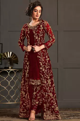 Red net embroidered sequin work suit with shrug