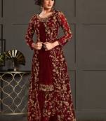 Red net embroidered sequin work suit with shrug