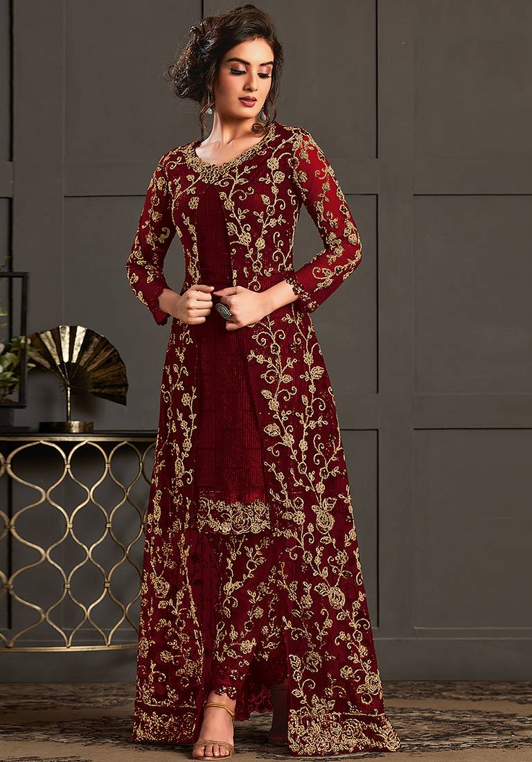 Red net embroidered sequin work suit with shrug