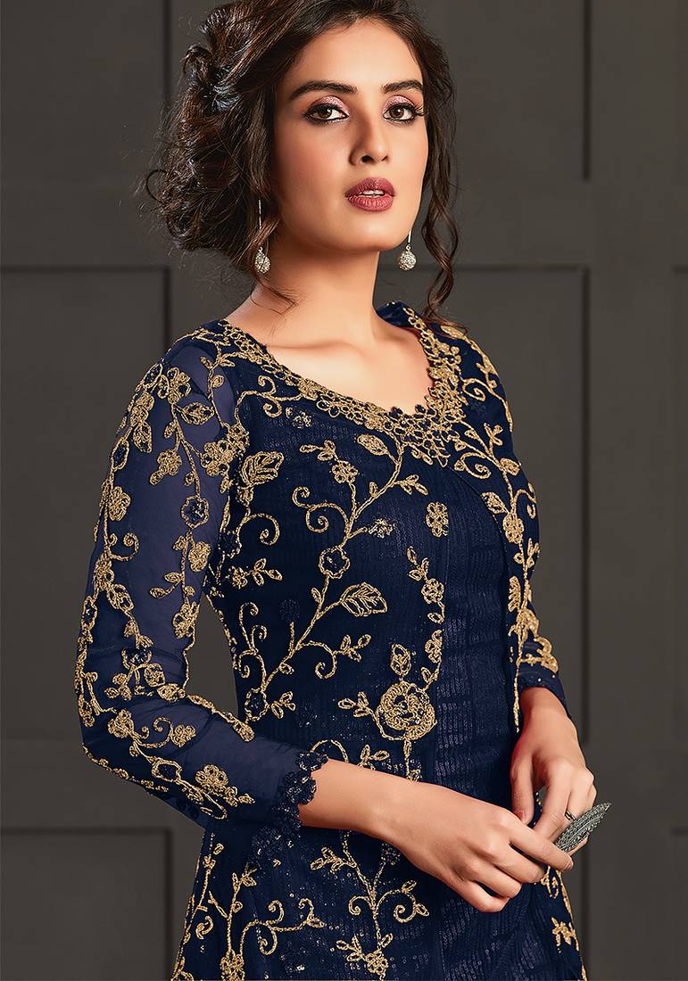 Navy blue net embroidered sequin work suit with shrug