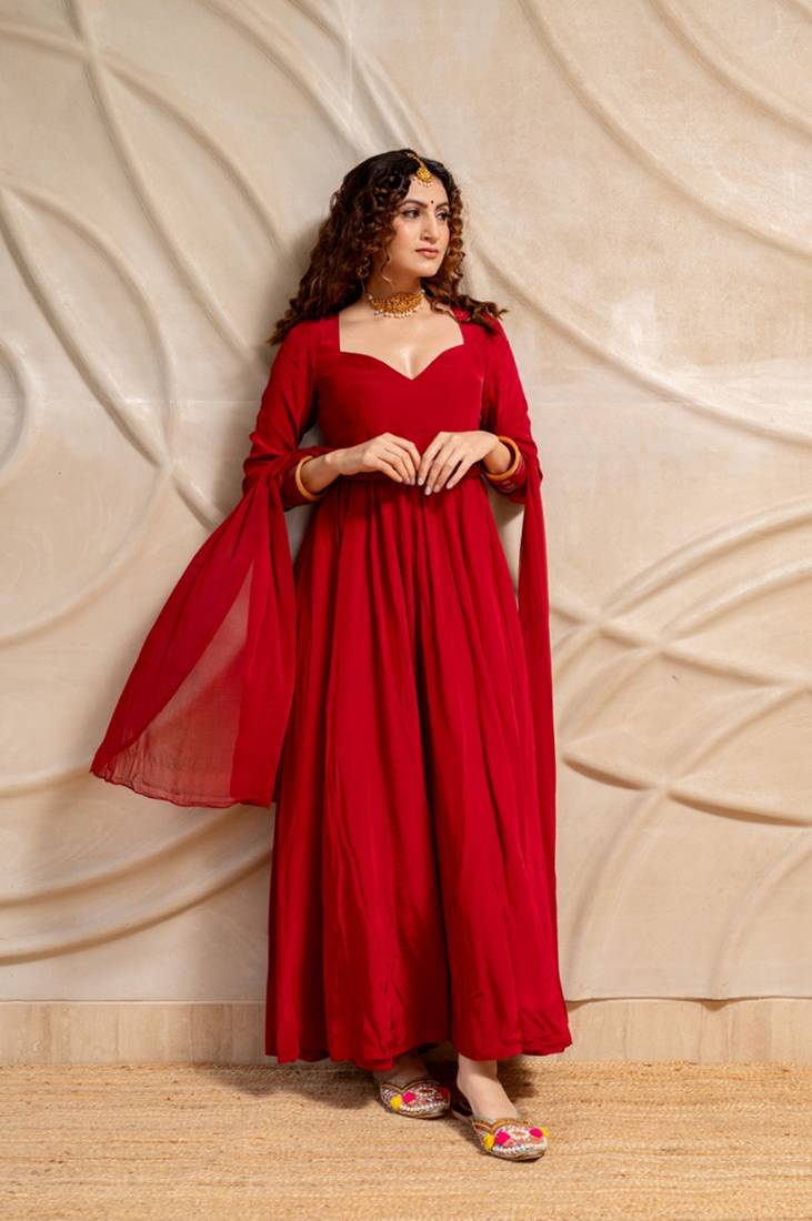 Red silk anarkali set