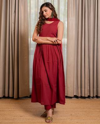Maroon aari anarkali with pant and dupatta (set of 3) 1