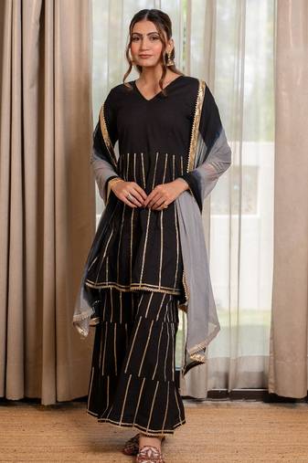 Black gotta lace kurta with sharara and dupatta (set of 3)