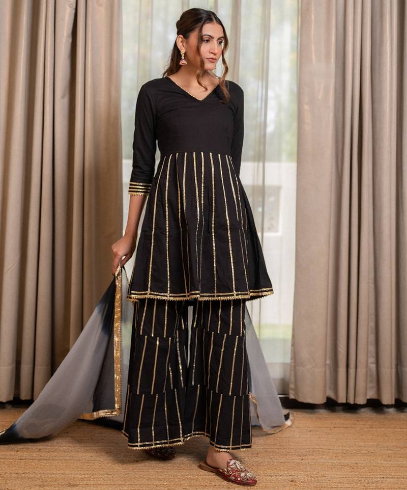 Black gotta lace kurta with sharara and dupatta (set of 3)