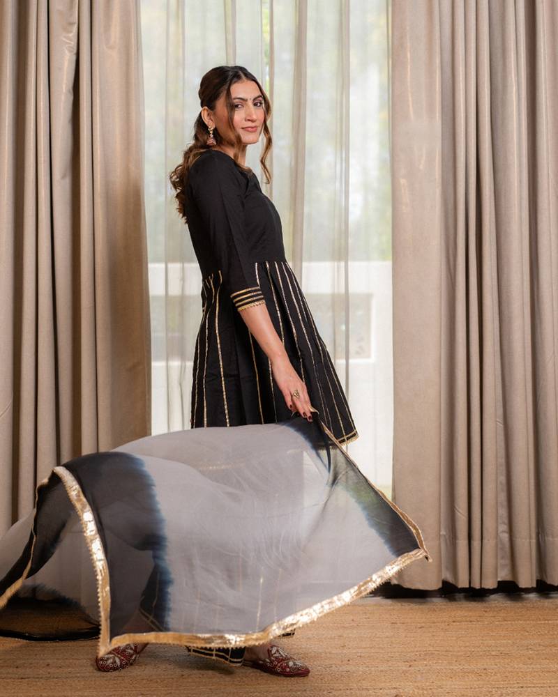 Black gotta lace kurta with sharara and dupatta (set of 3)