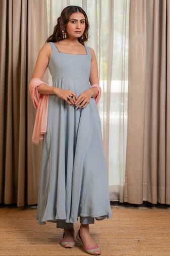 Contrasting blue anarkali with pant and dupatta (set of 3)