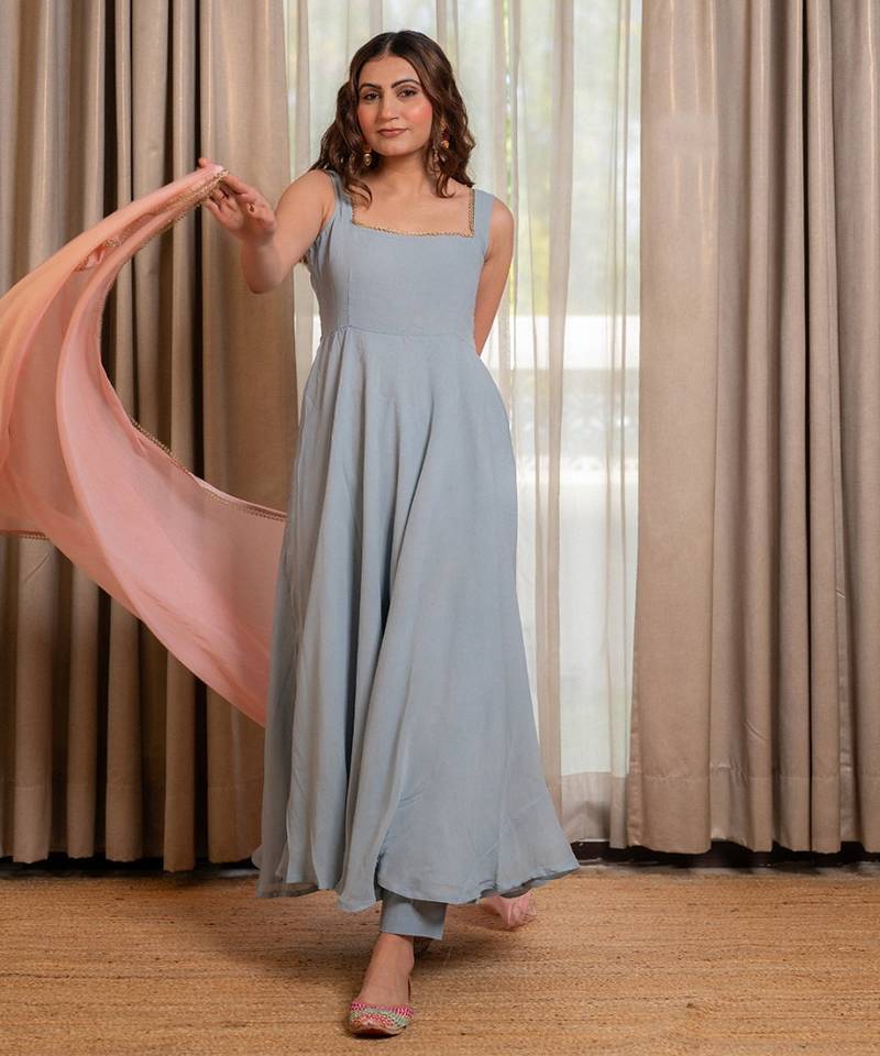 Contrasting blue anarkali with pant and dupatta (set of 3)