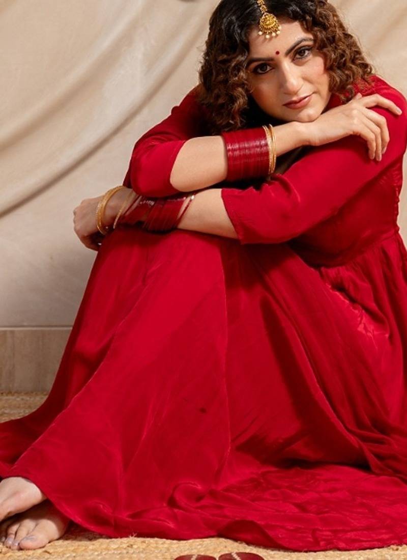 Red silk anarkali set