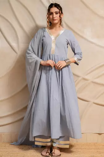 Grey anarkali with pant and dupatta