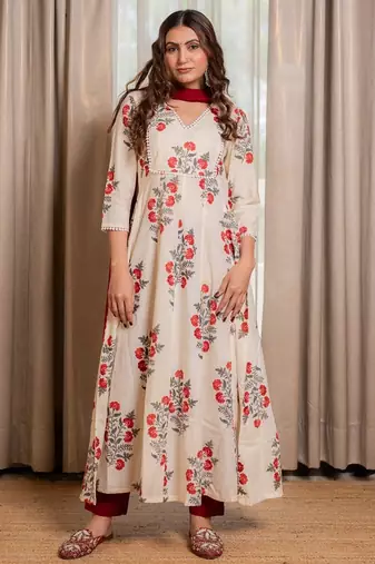 Off white block printed anarkali with pant and dupatta (set of 3)