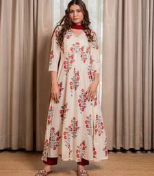 Off white block printed anarkali with pant and dupatta (set of 3)