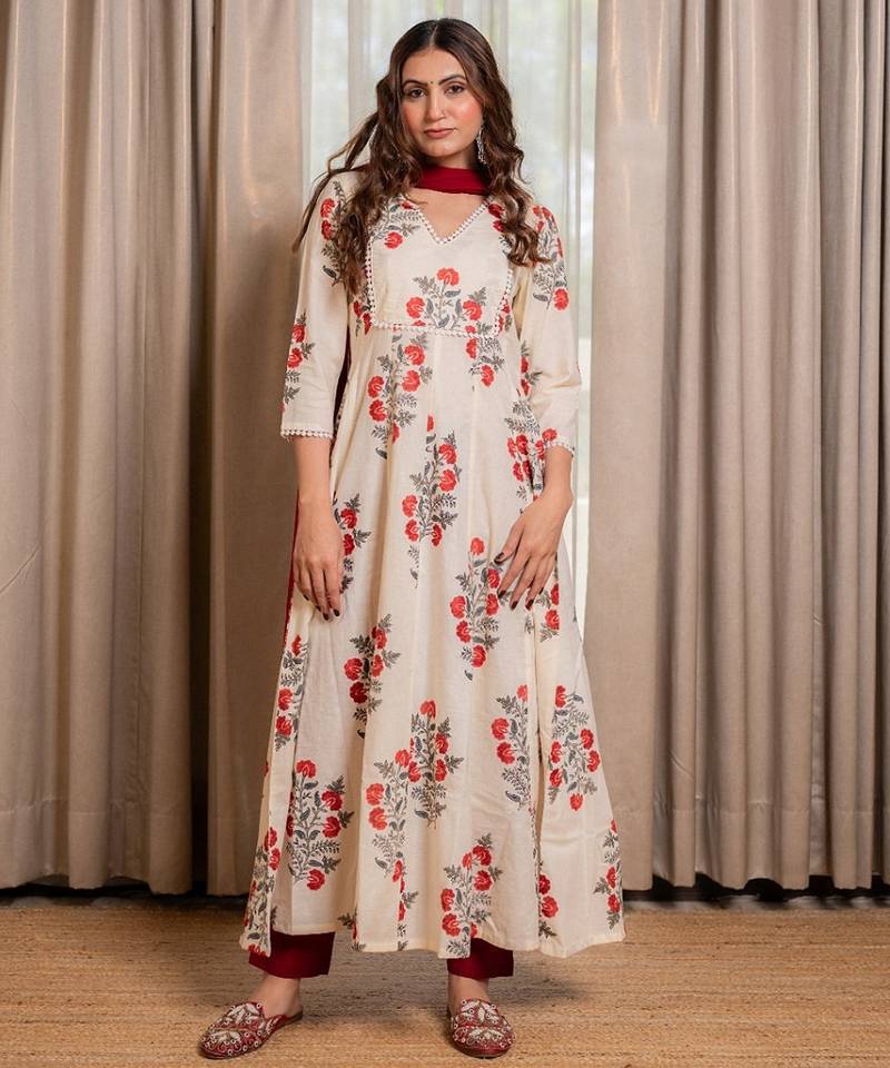 Off white block printed anarkali with pant and dupatta (set of 3)