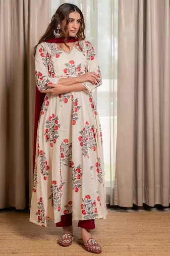 Off white block printed anarkali with pant and dupatta (set of 3)