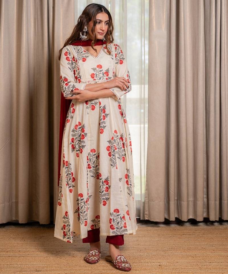 Off white block printed anarkali with pant and dupatta (set of 3)