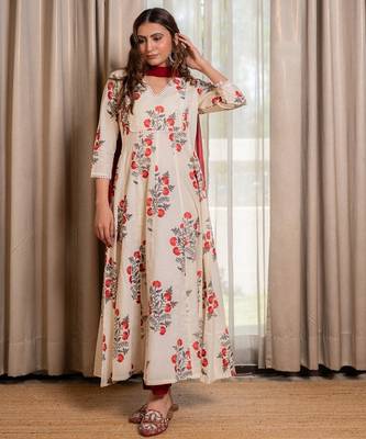 Off white block printed anarkali with pant and dupatta (set of 3) 1
