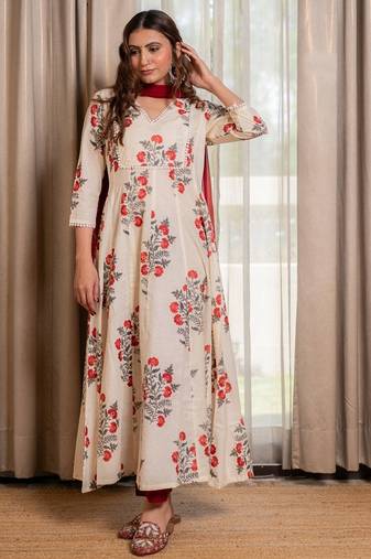 Off white block printed anarkali with pant and dupatta (set of 3)
