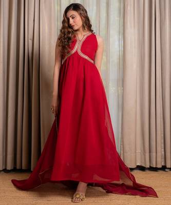 Red anarkali with pant and dupatta (set of 3) 2