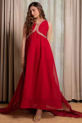 Red anarkali with pant and dupatta (set of 3)