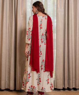 Off white block printed anarkali with pant and dupatta (set of 3) 4