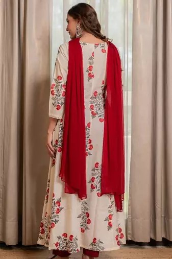 Off white block printed anarkali with pant and dupatta (set of 3)