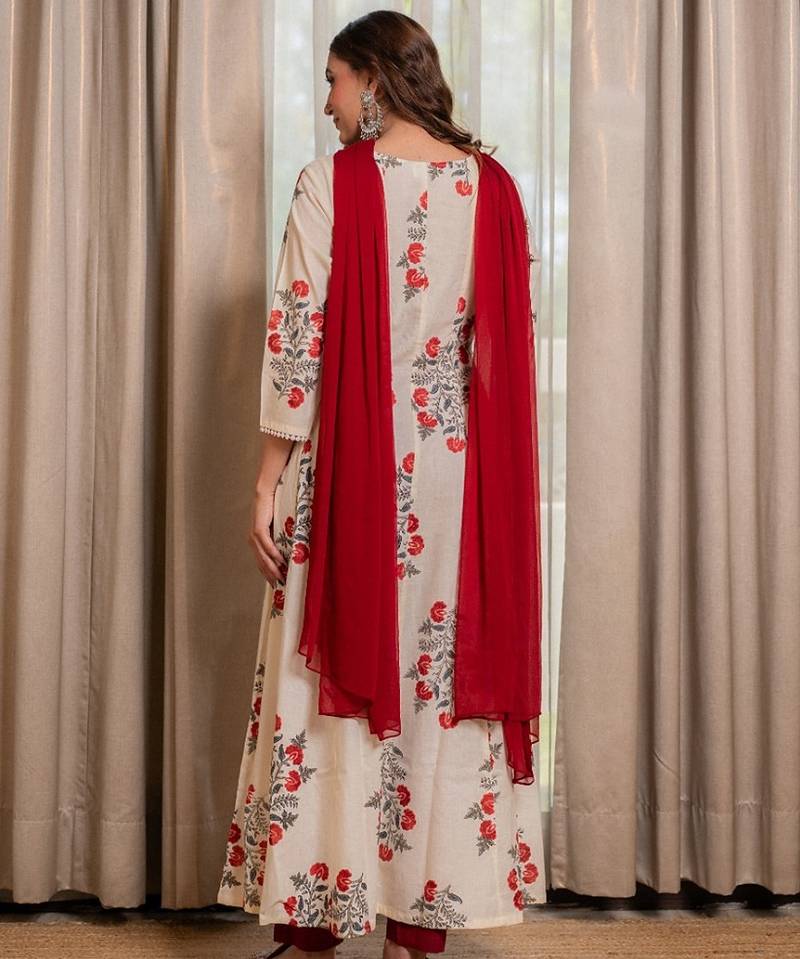 Off white block printed anarkali with pant and dupatta (set of 3)