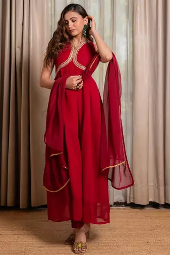 Red anarkali with pant and dupatta (set of 3)