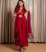 Red anarkali with pant and dupatta (set of 3)