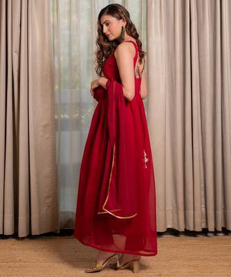 Red anarkali with pant and dupatta (set of 3) 3