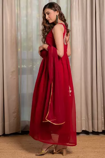 Red anarkali with pant and dupatta (set of 3)