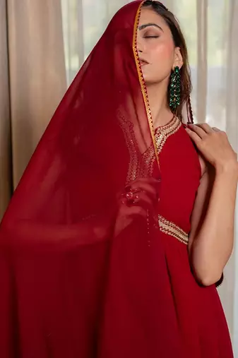 Red anarkali with pant and dupatta (set of 3)