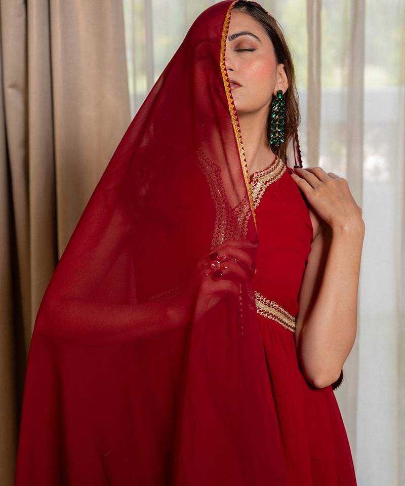 Red anarkali with pant and dupatta (set of 3)