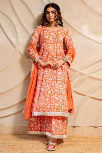 Orange block printed sharara set