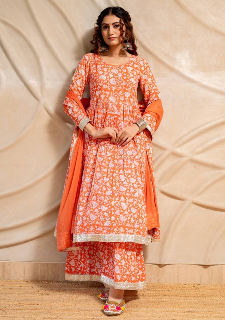 Orange block printed sharara set