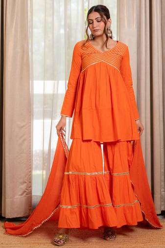Orange narangi got to-lace work sharara with kurta and dupatta (set of 3)