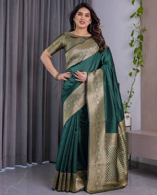 green silk blend banarasi saree with unstitched blouse piece 1