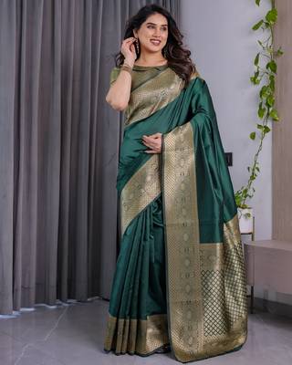 green silk blend banarasi saree with unstitched blouse piece 2