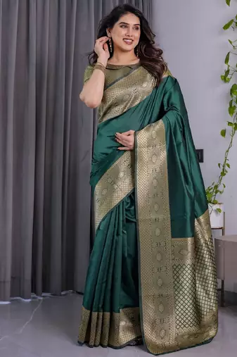 green silk blend banarasi saree with unstitched blouse piece