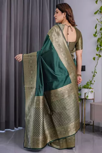 green silk blend banarasi saree with unstitched blouse piece