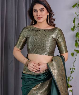 green silk blend banarasi saree with unstitched blouse piece 4