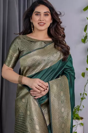 green silk blend banarasi saree with unstitched blouse piece
