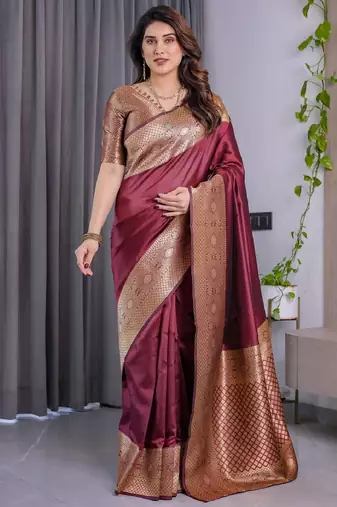 maroon soft art silk banarasi jacuard work designer party wear saree with unstitched blouse piece