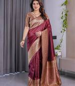 maroon soft art silk banarasi jacuard work designer party wear saree with unstitched blouse piece