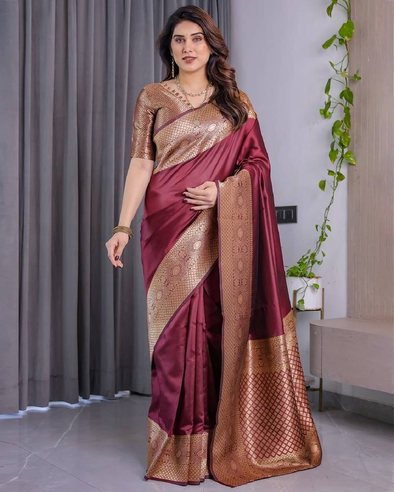 maroon soft art silk banarasi jacuard work designer party wear saree with unstitched blouse piece