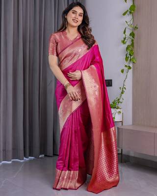 pink silk blend banarasi saree with unstitched blouse piece 2