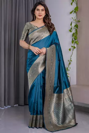 turquoise soft art silk banarasi jacuard work designer party wear saree with unstitched blouse piece