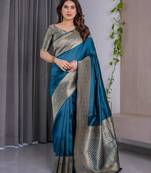 turquoise soft art silk banarasi jacuard work designer party wear saree with unstitched blouse piece