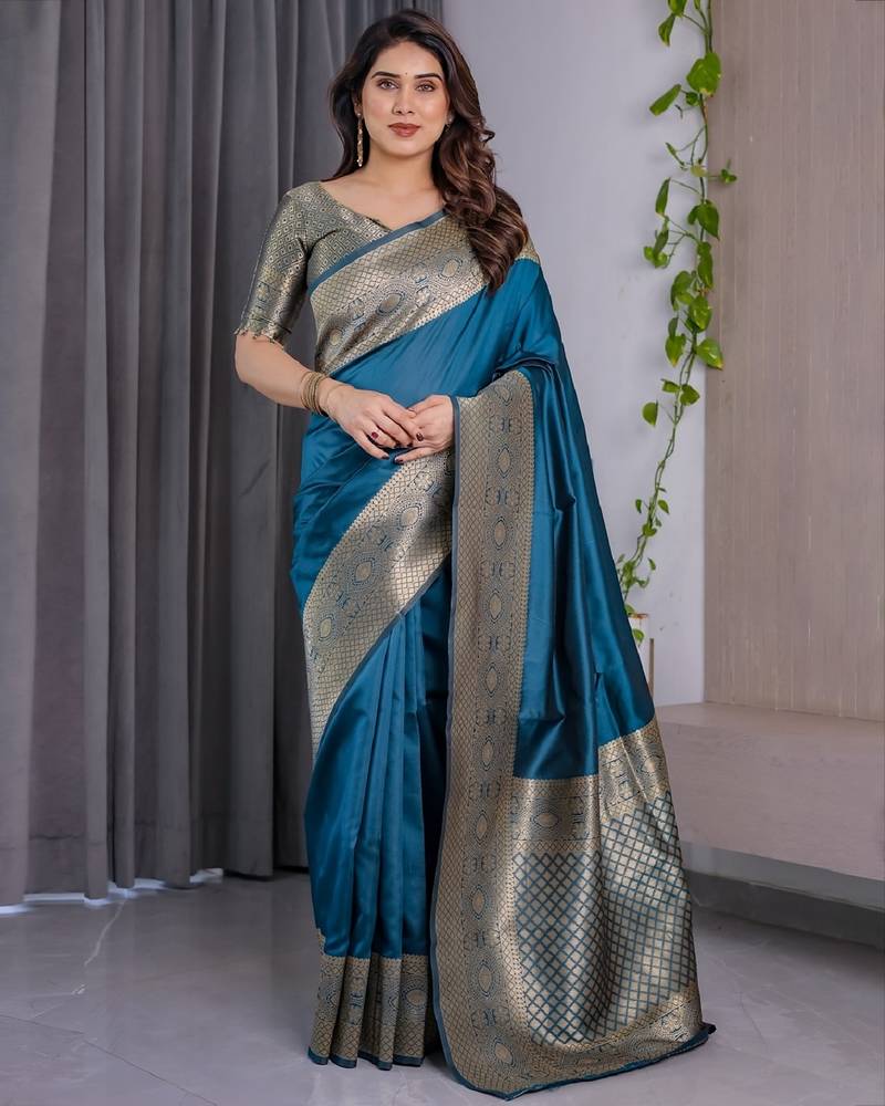 turquoise soft art silk banarasi jacuard work designer party wear saree with unstitched blouse piece